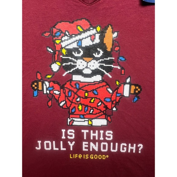 Life Is Good Tops - Life Is Good Long Sleeve V Neck T Shirt Cat Christmas Lights Jolly Enough Size L